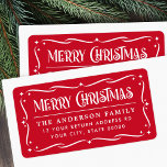 Festive Merry Christmas red white return address Label<br><div class="desc">Red and white or any colour return address labels with the text "Merry Christmas" in a festive font and your return address below surrounded by an ornate border with stars. You can change the background,  border and font colours to any custom colour with the customization tool.</div>
