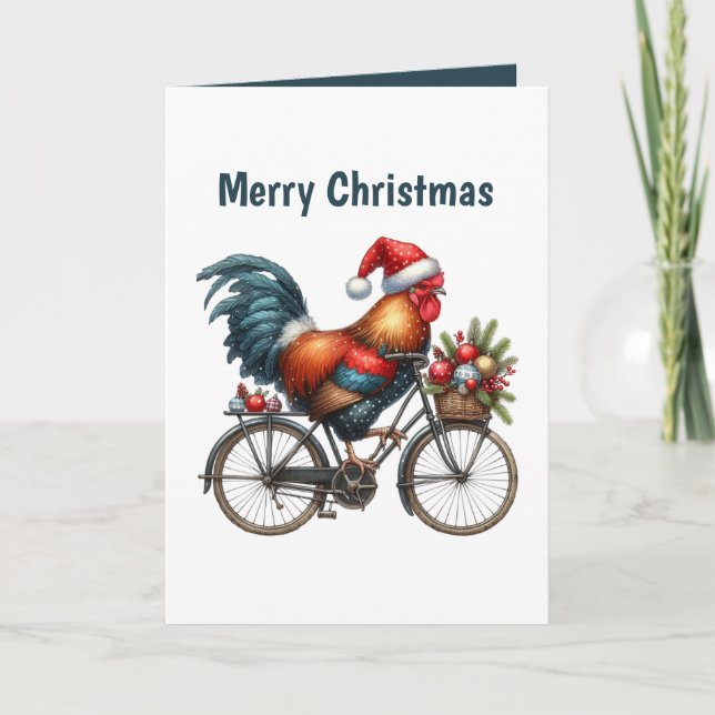 Festive Merry Christmas rooster customizable Holiday Card (Front)