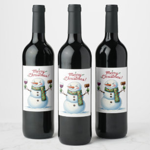 Festive Merry Christmas snowman drinking Wine Label