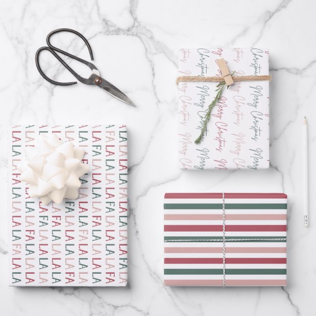 Festive Merry Christmas Striped 3 Wrapping Paper Sheet (Front)