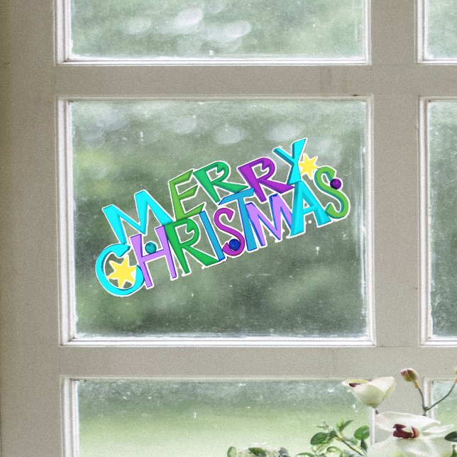 Festive Merry Christmas Text Colourful Letters Window Cling (Festive Merry Christmas text colourful letters gold stars on window cling decoration.)