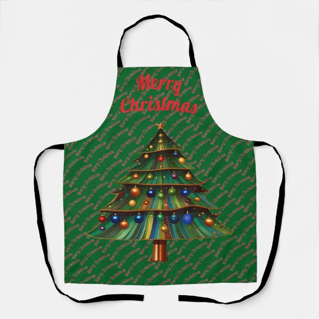 Festive Merry Christmas Tree Holiday Apron (Front)