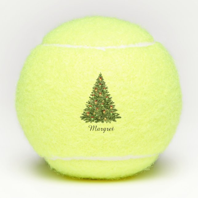 Festive Merry Christmas Tree Personalized Script Tennis Balls (Front)