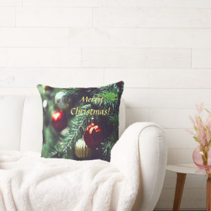Festive Merry Christmas Tree with Red Ornaments Throw Pillow