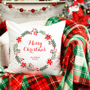 Festive Merry Christmas Wreath Family Design Throw Pillow