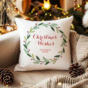 Festive Merry Christmas Wreath Holiday Design Throw Pillow