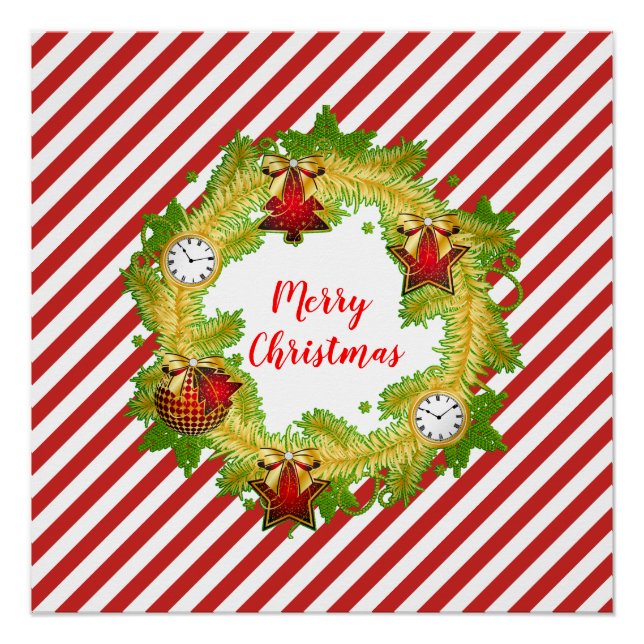 Festive Merry Christmas Wreath Red Stripes Poster (Front)