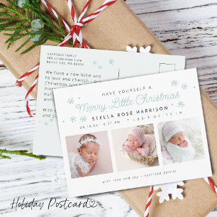 Festive Merry Little Christmas Birth Photos Blue Holiday Postcard