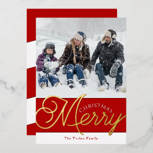 Festive Merry Script Red & Gold 2-Photo Christmas Foil Holiday Card
