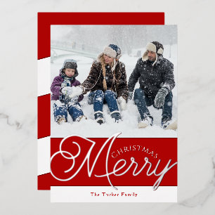 Festive Merry Script Red & Silver Photo Christmas Foil Holiday Card