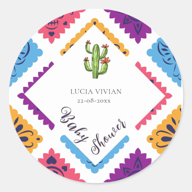 Festive Mexican Paper Fan Cactus Baby Classic Round Sticker (Front)