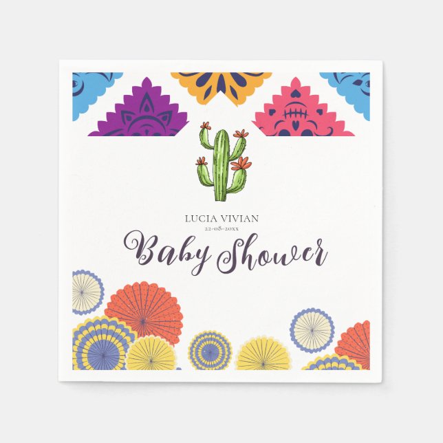 Festive Mexican Paper Fan Cactus Baby Shower Napkin (Front)