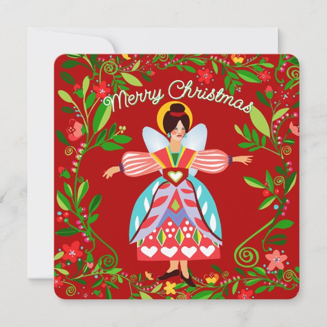 Festive Modern Folk Angel Flat Holiday Card (Front)