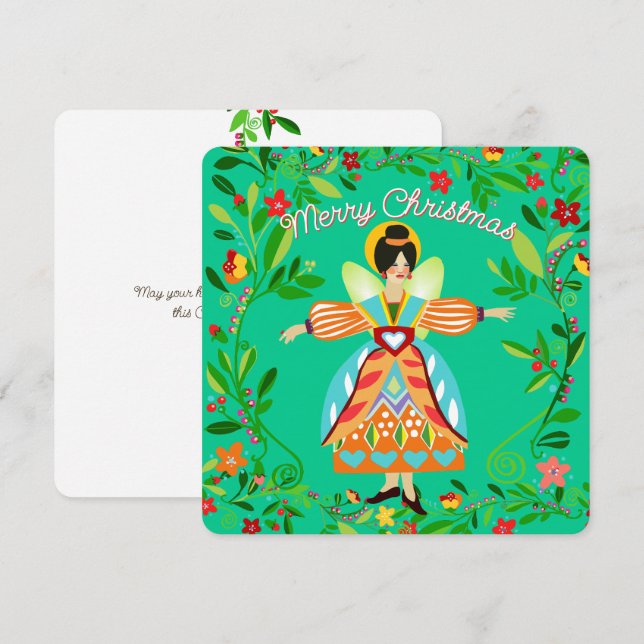 Festive Modern Folk Angel Tangerine Flat Holiday Card (Front/Back)