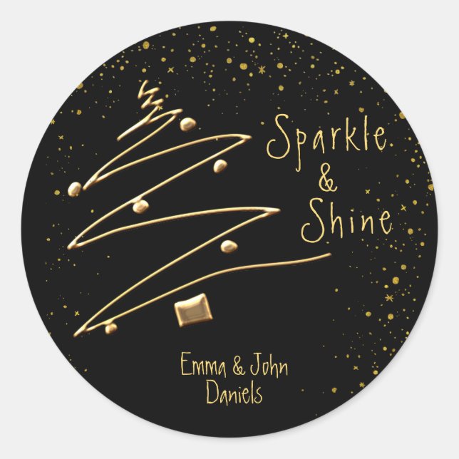 Festive, Modern, Gold and Black,  Classic Round Sticker (Front)