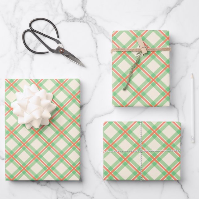 Festive Modern Green And Orange Plaid Pattern Wrapping Paper Sheet (Front)