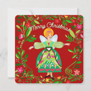 Festive Modern Red-Haired Folk Angel Flat  Holiday Card