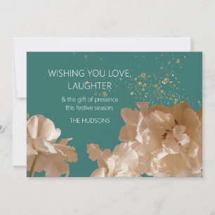 Festive Modern Teal & Gold Dust Floral Christmas Holiday Card