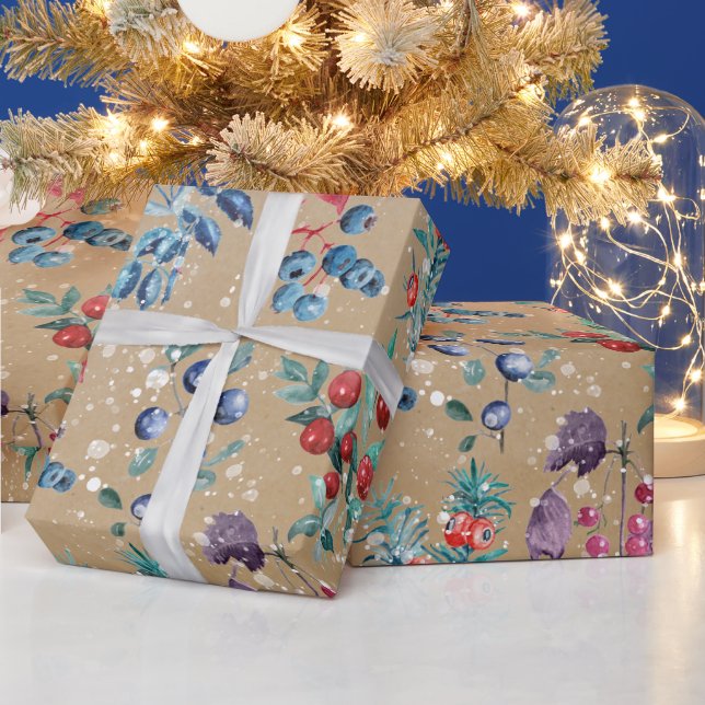 Festive Modern Watercolor Snow Berries Kraft  Wrapping Paper (Holidays)