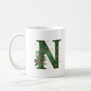 Festive Monogram N Holly Christmas Coffee Mug