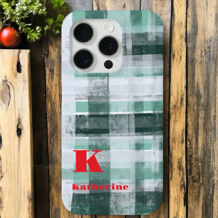 Festive monogram plaid tartan green white red  iPhone 15 pro case