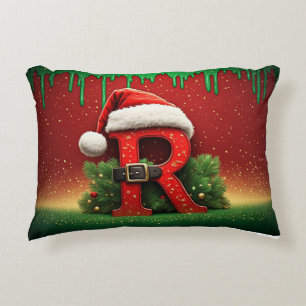 Festive Monogram R Ornament with Santa Hat Accent Pillow