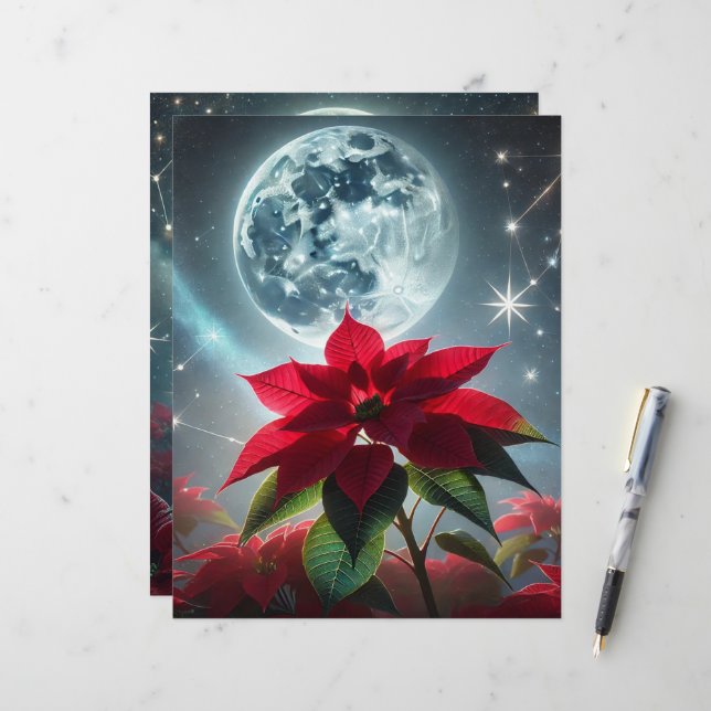 Festive Moonlit Poinsettia Scrapbook Paper Sheets (Front/Back In Situ)