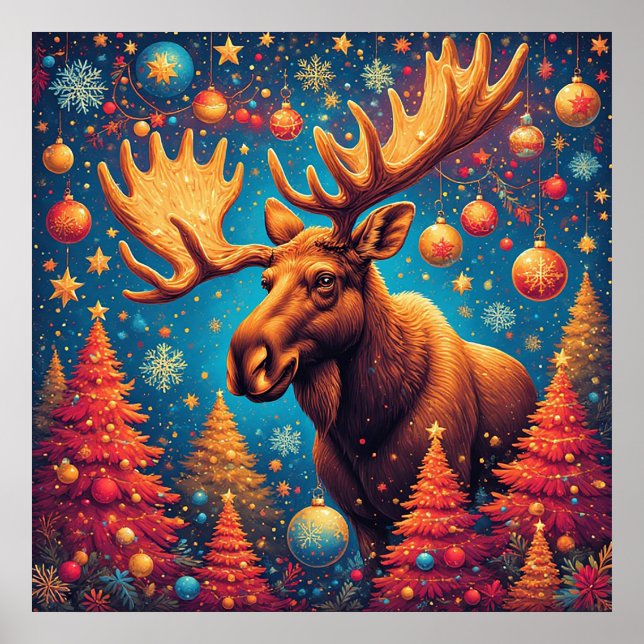 Festive Moose Decorated With Christmas Ornaments Poster (Front)