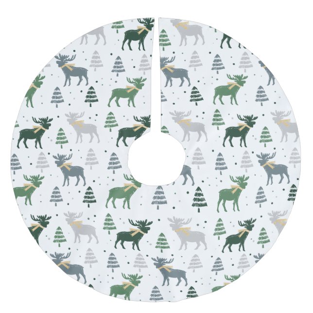 Festive Moose, Trees, and Snow Christmas Pattern Brushed Polyester Tree Skirt (Front)