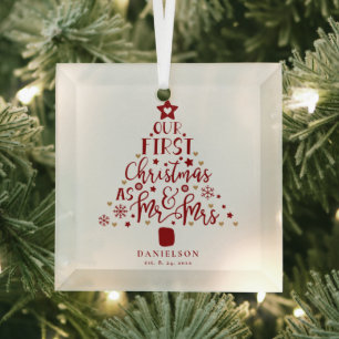 Festive Mr. and Mrs. Newly Weds Christmas Tree  Glass Ornament