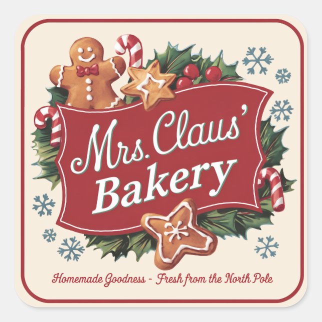 Festive Mrs. Claus bakery Holiday Square Sticker (Front)