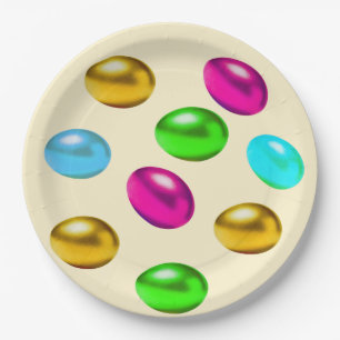 Festive Multicolored Easter Eggs on Light Beige Paper Plate