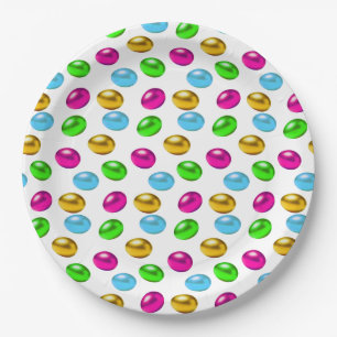 Festive Multicolored Easter Eggs on White Paper Plate