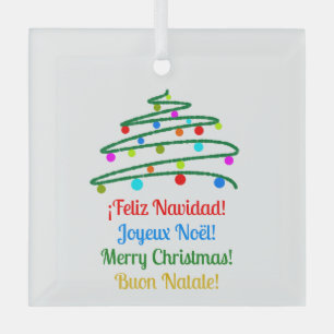 Festive Multilingual Merry Christmas and Xmas Tree Glass Ornament