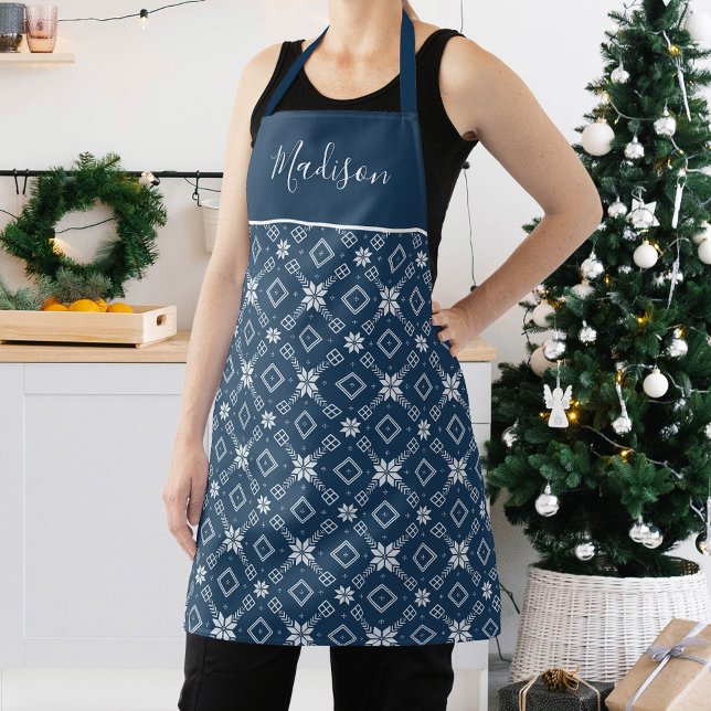 Festive Navy and White Nordic Snowflake Pattern Apron (Creator Uploaded)