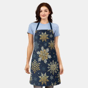 Festive Navy Blue & Gold Snowflake Pattern Apron