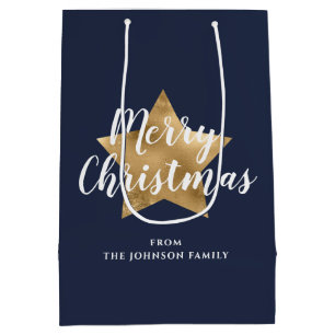 Festive Navy Blue Gold Star Christmas Medium Gift Bag