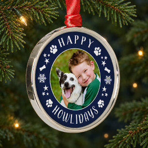 Festive Navy Blue Howlidays Dog Photo Wreath Metal Ornament