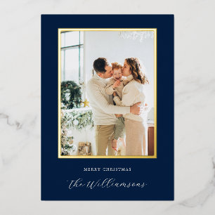 Festive Navy Blue Script Name Christmas Photo Foil Holiday Card