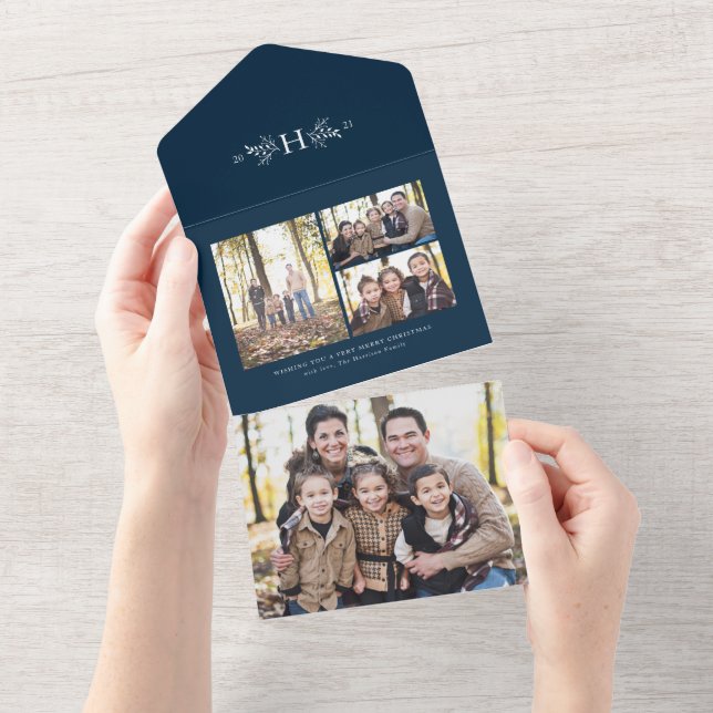 Festive navy monogram holiday photo collage all in one invitation (Tearaway)