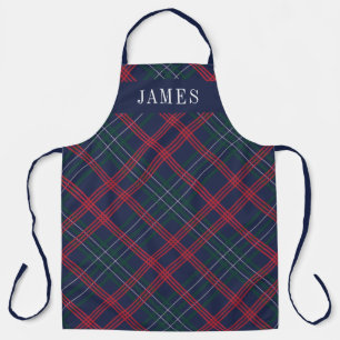 Festive Navy Red Tartan Plaid Monogram Apron