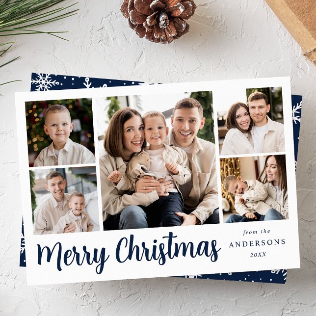 Festive Navy Script 5 Photo Collage Holiday Card (Creator Uploaded)