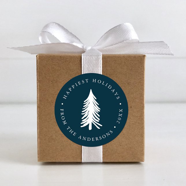 Festive Navy Winter Pine Christmas Tree Holiday Classic Round Sticker (Creator Uploaded)