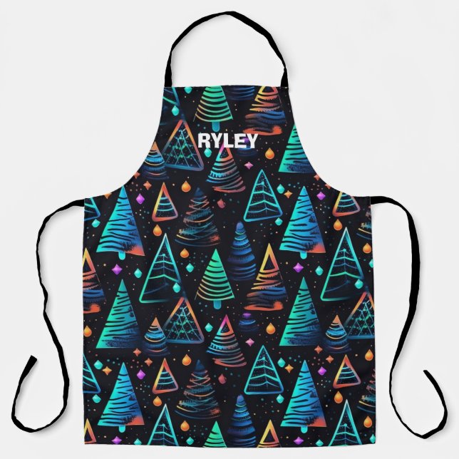 Festive Neon Christmas Trees Pattern Monogram Apron (Front)