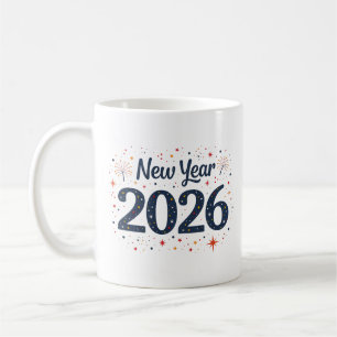 Festive New Year 2026 mug with stars and fireworks