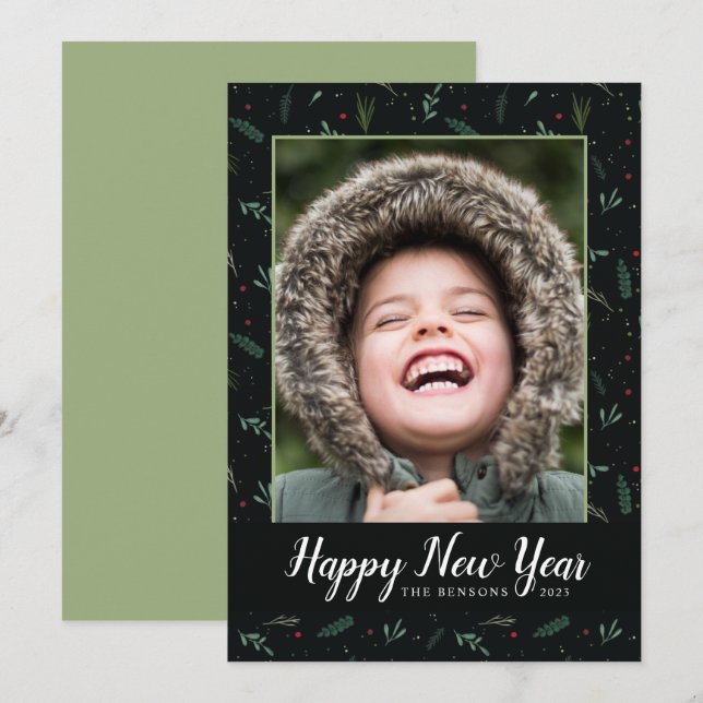 Festive New Year Leaves Berries Photo Card (Front/Back)