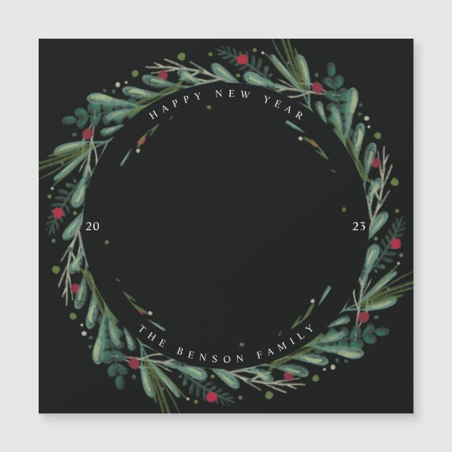 Festive New Year Wreath Leaves Berries Magnet (Front)