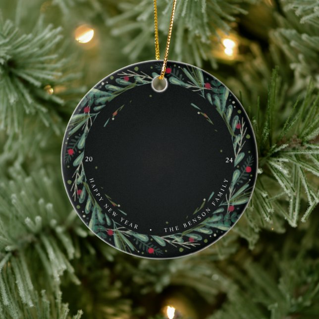 Festive New Year Wreath Leaves Berries Pic Ceramic Ornament (Tree)