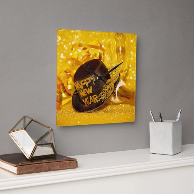 festive New Year's celebration SlipperyJoe's black Square Wall Clock (Office)