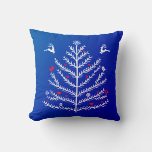 Festive Nordic Christmas Tree Deer Blue Throw Pillow